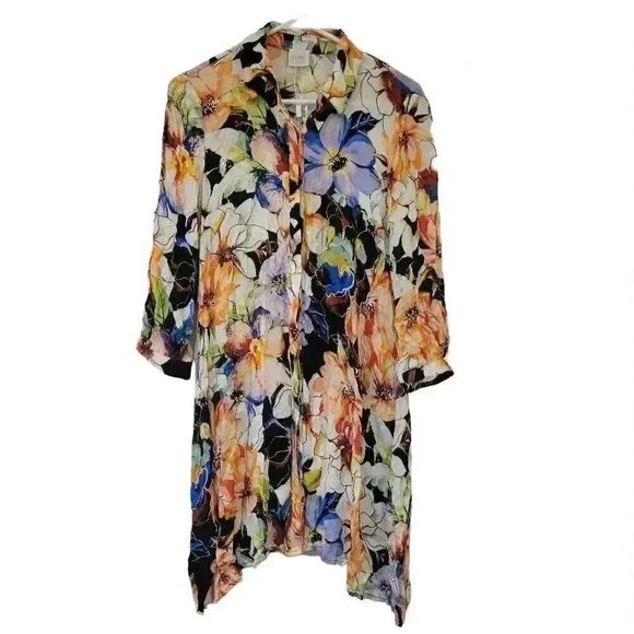 Cupio Women's Black, White & Bright Multicolor Viscose Floral Button Down Shirt - Picture 1 of 12